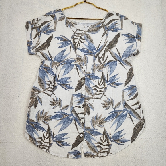 Terzo Millennio Women Size Medium All Linen Tropical Print Back Button Hi-Lo Top - Picture 4 of 8